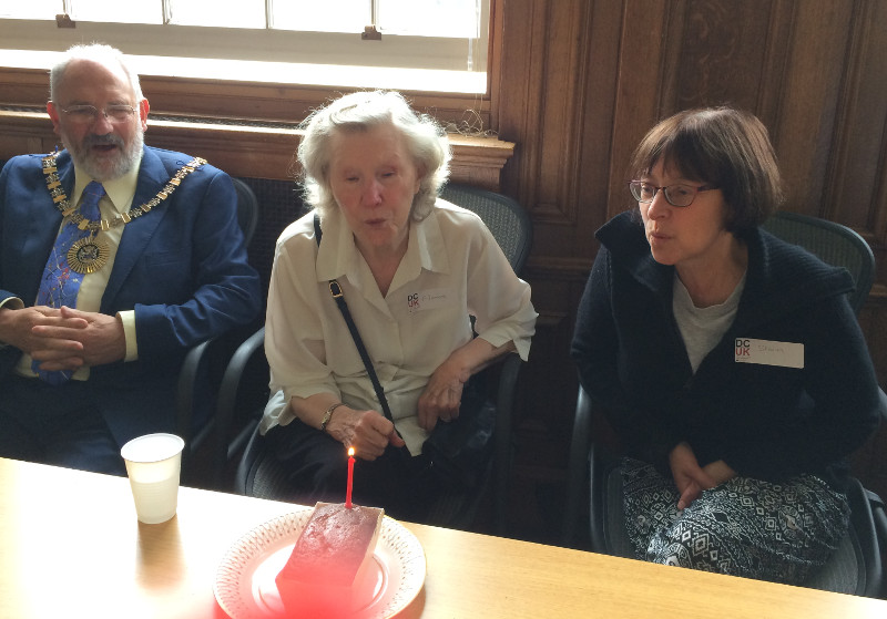 Mayor of Barnet Cllr Brian Salinger celebrating a birthday with one of the members of Dementia Club UK