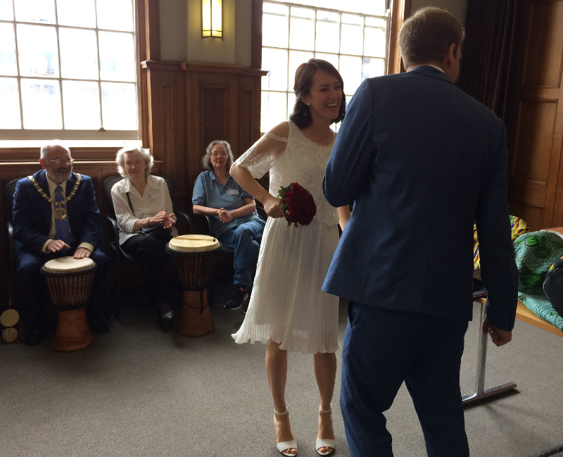 Eliza and Tom, newly married couple dancing to the beat of the Mayor of Barnet