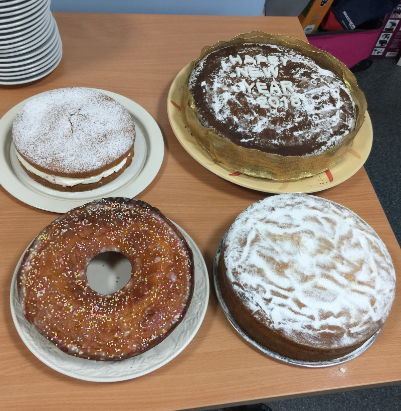 The top right cake was made by Marina. The right front cake was made by Dawn. The left front cake was made by Rosetta and the left back cake was made by Roopa