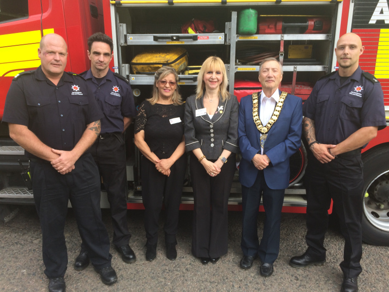 Commander Gary Shinn and his crew from White Watch with Sasha, Lisa and Cllr Eric Silver Mayor or Elstree and Borehamwood