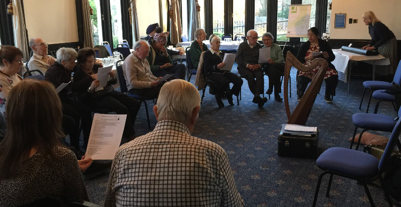 Helen Tierney playing the electric piano and harp for members at Dementia Club UK