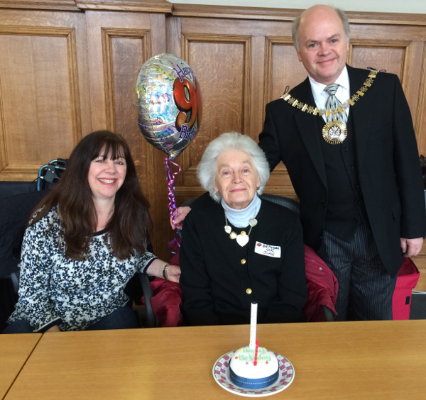 Joan who was 90 today with her daughter Tina and the Mayor of Barnet