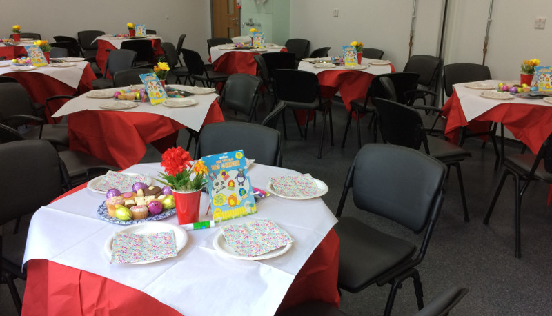 Table setup ready for Dementia Club UK session at Finchley Memorial Hospital