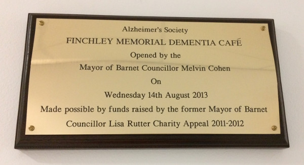 Plaque outside room at Finchley Memorial Hospital where Dementia Club UK hold sessions