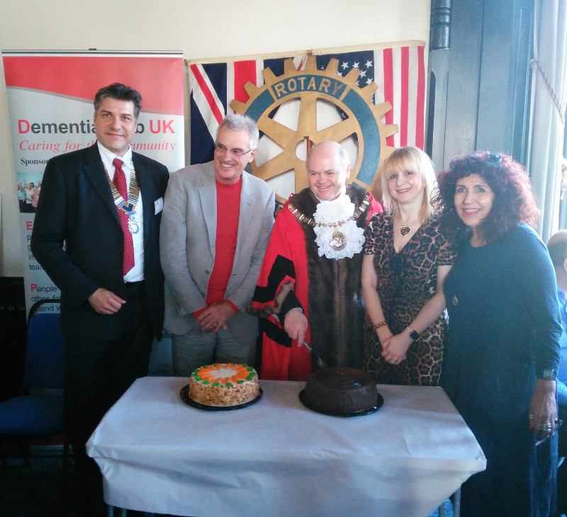 In the photo from the left to right is the President of Rotary Club of Golders Green Mr Martin Schramm, Mr Nigel Wray Chairman of Saracens, the Mayor of Barnet Cllr David Longstaff, Cllr. Lisa Rutter Chairman/Trustee of Dementia Club UK and Mrs Valerie Chodosh past President of Rotary Club of Golders Green.