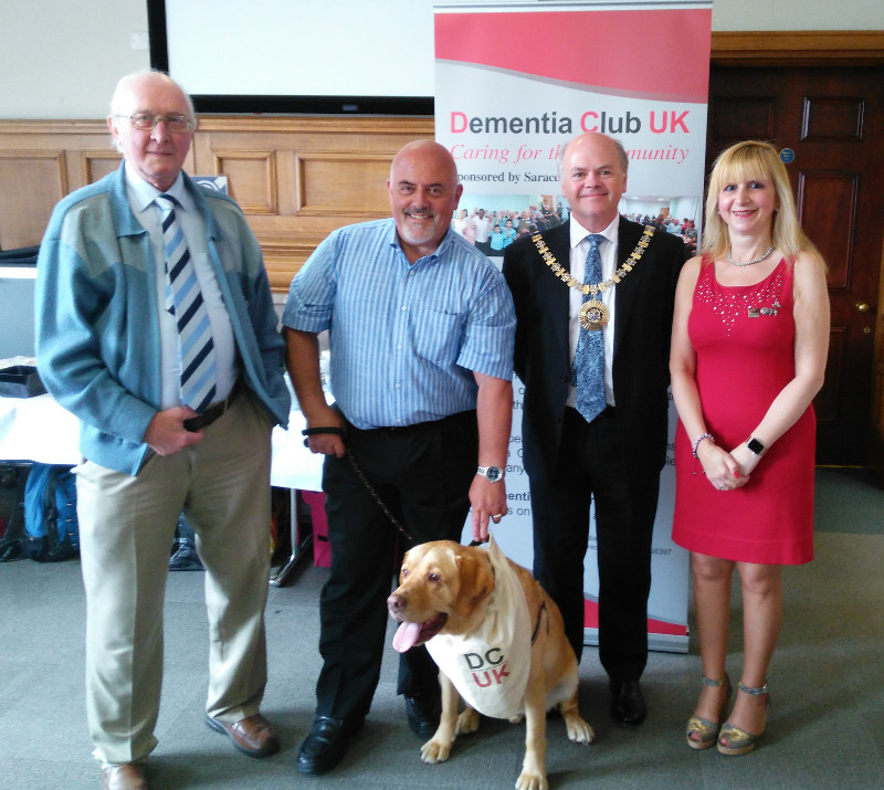 Trustees Peter Cragg & Anthony Cohen, Harley the therapy dog, Mayor of Barnet Cllr David Longstaff & Chairman Cllr Lisa Rutter